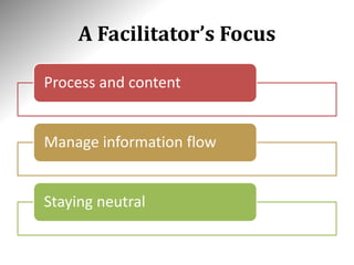 A Facilitator’s Focus
Process and content
Manage information flow
Staying neutral
 