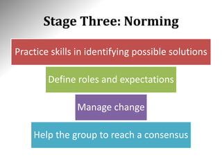 Stage Three: Norming
Practice skills in identifying possible solutions
Define roles and expectations
Manage change
Help the group to reach a consensus
 