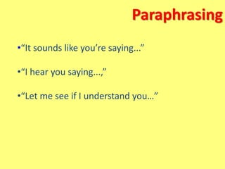 Paraphrasing
•“It sounds like you’re saying...”
•“I hear you saying...,”
•“Let me see if I understand you…”
 