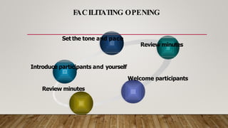 F
ACILIT
ATING OPENING
Set the tone and pace
Review minutes
Introduce participants and yourself
Welcome participants
Review minutes
 