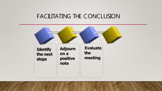FACILITATING THE CONCLUSION
Identify
the next
steps
Evaluate
the
meeting
Adjourn
on a
positive
note
 