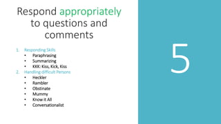 5
Respond appropriately
to questions and
comments
1. Responding Skills
• Paraphrasing
• Summarizing
• KKK: Kiss, Kick, Kiss
2. Handling difficult Persons
• Heckler
• Rambler
• Obstinate
• Mummy
• Know it All
• Conversationalist
 