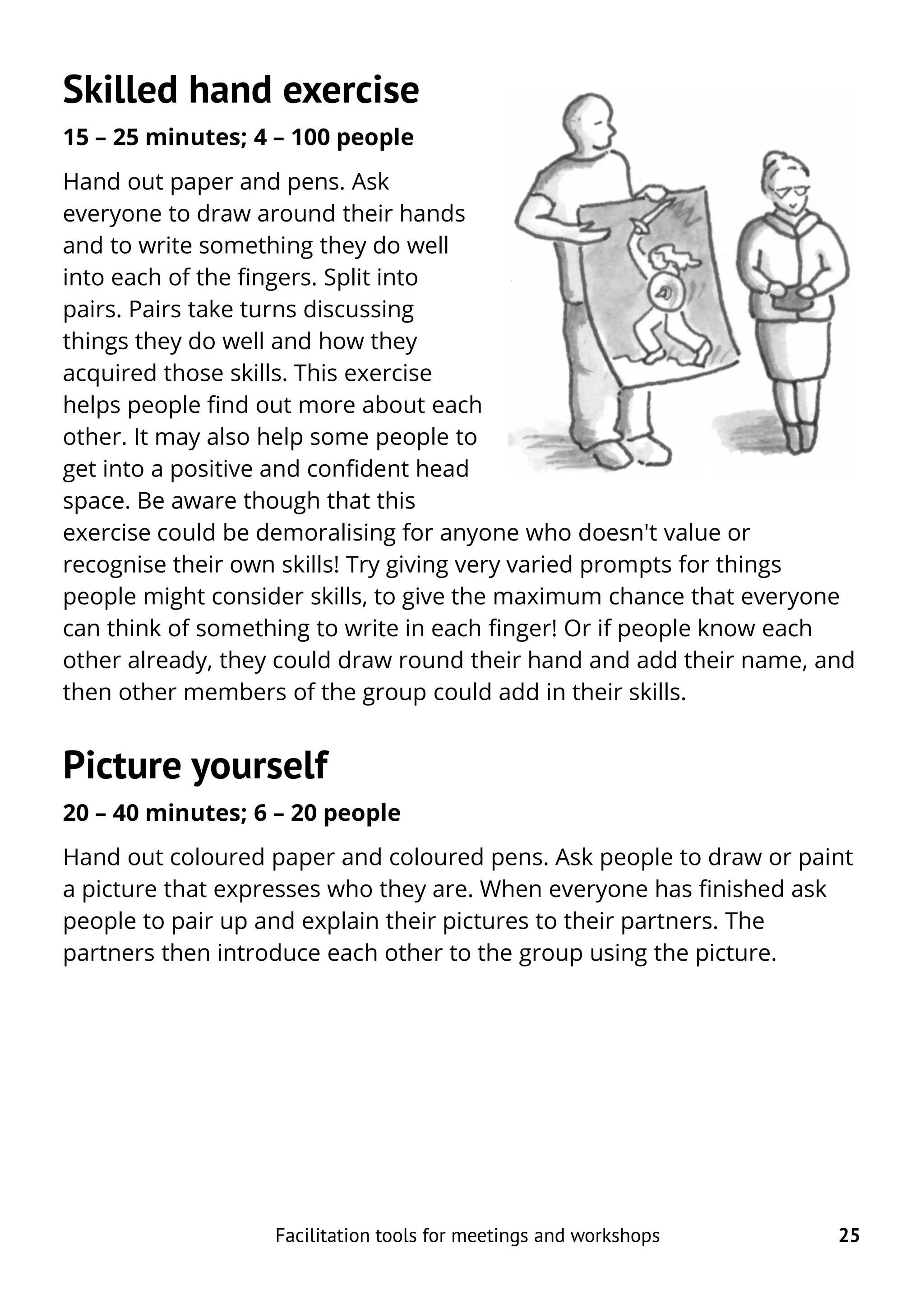 Skilled hand exercise
15 – 25 minutes; 4 – 100 people
Hand out paper and pens. Ask
everyone to draw around their hands
and to write something they do well
into each of the fingers. Split into
pairs. Pairs take turns discussing
things they do well and how they
acquired those skills. This exercise
helps people find out more about each
other. It may also help some people to
get into a positive and confident head
space. Be aware though that this
exercise could be demoralising for anyone who doesn't value or
recognise their own skills! Try giving very varied prompts for things
people might consider skills, to give the maximum chance that everyone
can think of something to write in each finger! Or if people know each
other already, they could draw round their hand and add their name, and
then other members of the group could add in their skills.
Picture yourself
20 – 40 minutes; 6 – 20 people
Hand out coloured paper and coloured pens. Ask people to draw or paint
a picture that expresses who they are. When everyone has finished ask
people to pair up and explain their pictures to their partners. The
partners then introduce each other to the group using the picture.
Facilitation tools for meetings and workshops 25
 