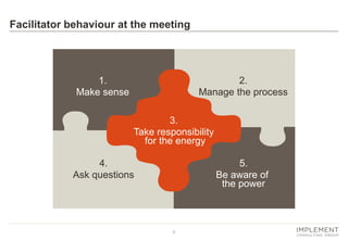 8 
1. 
Make sense 
2. Manage the process 
4. 
Ask questions 
5. 
Be aware of the power 
3. 
Take responsibility for the energy 
Facilitator behaviour at the meeting  