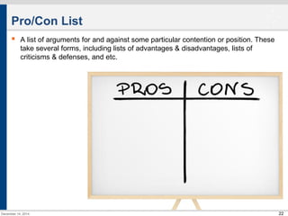 22 
Pro/Con List 
 A list of arguments for and against some particular contention or position. These 
take several forms, including lists of advantages & disadvantages, lists of 
criticisms & defenses, and etc. 
December 14, 2014 
 