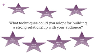 +
20
Mingle
Eye
contact
Praise
inputs
Be
normal!
What techniques could you adopt for building
a strong relationship with your audience?
A strong
startMatch
culture
Dress
right
 