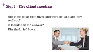 + Step1 - The client meeting
•  Are there clear objectives and purpose and are they
realistic?
•  Is facilitation the answer?
•  Pin the brief down
28
 
