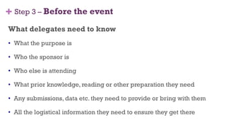 +
What delegates need to know
•  What the purpose is
•  Who the sponsor is
•  Who else is attending
•  What prior knowledge, reading or other preparation they need
•  Any submissions, data etc. they need to provide or bring with them
•  All the logistical information they need to ensure they get there
Step 3 – Before the event
39
 