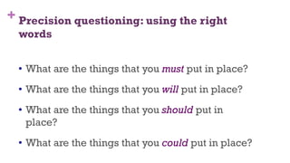 + Precision questioning: using the right
words
•  What are the things that you must put in place?
•  What are the things that you will put in place?
•  What are the things that you should put in
place?
•  What are the things that you could put in place?
58
 