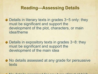 Reading—Assessing DetailsDetails in literary texts in grades 3−5 only: they must be significant and support the development of the plot, characters, or main idea/themeDetails in expository texts in grades 3−8: they must be significant and support the development of the main ideaNo details assessed at any grade for persuasive textsNo details assessed for any type of text at high school19