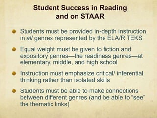 Student Success in Readingand on STAARStudents must be provided in-depth instruction in all genres represented by the ELA/R TEKSEqual weight must be given to fiction and expository genres—the readiness genres—at elementary, middle, and high schoolInstruction must emphasize critical/ inferential thinking rather than isolated skillsStudents must be able to make connections between different genres (and be able to “see” the thematic links)23