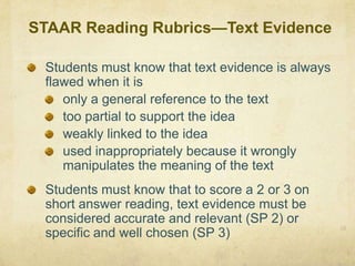 STAAR Reading Rubrics—Text EvidenceStudents must know that text evidence is always flawed when it isonly a general reference to the texttoo partial to support the ideaweakly linked to the ideaused inappropriately because it wrongly manipulates the meaning of the textStudents must know that to score a 2 or 3 on short answer reading, text evidence must be considered accurate and relevant (SP 2) or specific and well chosen (SP 3) 24