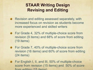 STAAR Writing DesignRevising and Editing25Revision and editing assessed separately, with increased focus on revision as students become more experienced and skilled writersFor Grade 4, 32% of multiple-choice score from revision (9 items) and 68% of score from editing (19 items)For Grade 7, 40% of multiple-choice score from revision (16 items) and 60% of score from editing (24 items)For English I, II, and III, 50% of multiple-choice score from revision (15 items) and  50% of score from editing (15 items)
