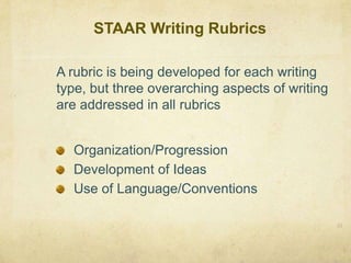 STAAR Writing Rubrics31A rubric is being developed for each writing type, but three overarching aspects of writing are addressed in all rubricsOrganization/ProgressionDevelopment of IdeasUse of Language/Conventions