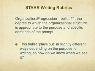 STAAR Writing Rubrics32Organization/Progression—bullet #1: the degree to which the organizational structure is appropriate to the purpose and specific demands of the prompt. This bullet “plays out” in slightly different ways depending on the purpose for writing, so how do we know when we see it?
