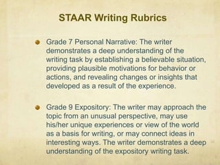 STAAR Writing Rubrics35Grade 7 Personal Narrative: The writer demonstrates a deep understanding of the writing task by establishing a believable situation, providing plausible motivations for behavior or actions, and revealing changes or insights that developed as a result of the experience.Grade 9 Expository: The writer may approach the topic from an unusual perspective, may use his/her unique experiences or view of the world as a basis for writing, or may connect ideas in interesting ways. The writer demonstrates a deep understanding of the expository writing task.