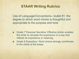 STAAR Writing Rubrics36Use of Language/Conventions—bullet #1: the degree to which word choice is thoughtful and appropriate to the purpose and toneGrade 7 Personal Narrative: Effective diction enables the writer to recreate the experience in a way that reflects its importance or meaning.Grade 9 Expository: Word choice strongly contributes to the clarity of the essay.