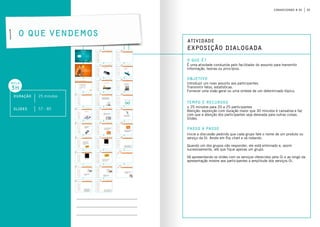 25conhecendo a oi
Atividade
exposição dialogada
o que é?
objetivo
Tempo e Recursos
É uma atividade conduzida pelo facilitador do assunto para transmitir
informação, teorias ou princípios.
Introduzir um novo assunto aos participantes.
Transmitir fatos, estatísticas.
Fornecer uma visão geral ou uma síntese de um determinado tópico.
± 25 minutos para 20 a 25 participantes
Atenção: exposição com duração maior que 30 minutos é cansativa e faz
com que a atenção dos participantes seja desviada para outras coisas.
Slides.
passo a passo
O que vendemos
Inicie a discussão pedindo que cada grupo fale o nome de um produto ou
serviço da Oi. Anote em flip chart e vá rodando.
Quando um dos grupos não responder, ele está eliminado e, assim
sucessivamente, até que fique apenas um grupo.
Vá apresentando os slides com os serviços oferecidos pela Oi e ao longo da
apresentação mostre aos participantes a amplitude dos serviços Oi.
Duração 25 minutos
aula
3h
slides 57 - 85
 