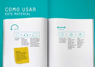 como usar
este material
antes no dia
Confira o seu
kit, observando
se o material
está completo.
Revise
primeiramente
a parte da
manhã, dando
atenção aos
horários, recursos
necessários e
atividades que
utilizará.
Após o
almoço, revise
a parte da
tarde de forma
detalhada,
assim como
fez pela
manhã.
Leia todo o
material.
Ouça o
Guia Virtual,
acompanhe
com o guia do
facilitador e faça
suas anotações.
Faça uma releitura
procurando imaginar
como as atividades
acontecerão na
prática e simulando
a participação do
grupo mentalmente.
Atenção!
As atividades possuem
fichas com descrição
e passo a passo de
aplicação. A correta
aplicação depende da
leitura e entendimento
das fichas.
 