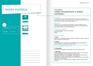 11conhecendo a oi
Atividade
Vamos Reconstruir a Nossa
História?
o que é?
objetivo
Tempo e Recursos
É uma atividade onde os participantes devem conhecer os eventos mais
importantes da história da Oi e preencher os espaços com as datas em que
tais eventos ocorreram na opinião de cada um.
Possibilitar que os participantes conheçam e tenham contato com os
principais acontecimentos da história da Oi para que compreendam como
a Oi tornou-se líder no mercado de Telecom.
passo a passo
Nossa História
1. Início
Peça que os participantes abram a apostila na página 5 e olhem a linha do
tempo que conta a história da Oi.
2. Desafio
Cada participante, individualmente, deve tentar alocar nos espaços em
branco a data mais provável do acontecimento.
Dica: Encoraje a participação de todos e diga que você verá ao final quem
é o mais conhecedor da história da Oi.
3. Compartilhar
Peça que os participantes compartilhem nas mesas suas escolhas.
4. Debriefing
Feche a atividade dizendo que eles irão corrigir o exercício na medida em
que você apresentar a linha do tempo da história da Oi.
Apresente a história da Oi em detalhes, mas busque sempre estimular a
participação de todos, questionando-os com perguntas.
Pergunte quem acertou tudo no exercício, quem não acertou muitos dados,
quem ficou na linha do gol...
Importante: com a compra da BRT a Oi passou a atuar em todo território
nacional.
Duração 15 minutos
aula
3h
slides 05 - 08
± 15 minutos para 20 a 25 participantes.
Apostila do aluno.
Slides.
 