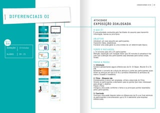 13conhecendo a oi
Atividade
exposição dialogada
o que é?
objetivo
Tempo e Recursos
É uma atividade conduzida pelo facilitador do assunto para transmitir
informação, teorias ou princípios.
Introduzir um novo assunto aos participantes.
Transmitir fatos, estatísticas.
Fornecer uma visão geral ou uma síntese de um determinado tópico.
± 10 minutos para 20 a 25 participantes
Atenção: exposição com duração maior que 30 minutos é cansativa e faz
com que a atenção dos participantes seja desviada para outras coisas.
Slides.
passo a passo
Diferenciais Oi
Duração 10 minutos
aula
3h
slides 09 - 25
1. Introdução
Comece apresentando alguns diferenciais da Oi: Oi Bazar, Mundo Oi e Oi
FM.
Apresente o conceito de cultura de serviços e conte aos participantes quais
foram os serviços em que a Oi foi a primeira (Relembre os atributos da
marca: Ousada e Inovadora).
2. Filme – Bloqueio não
Contextualize a cena a ser projetada, utilize a descrição do filme.
Oriente os participantes a atentarem para os pontos que mais interessam
para atingir o objetivo.
Passe o filme.
Instigue a discussão conforme o tema e os principais pontos levantados
pelos participantes.
3. Conclusão
Conclua a discussão falando sobre os diferenciais da Oi e ao final estimule
os participantes a reconhecerem que a Oi é realmente uma empresa
diferenciada.
 