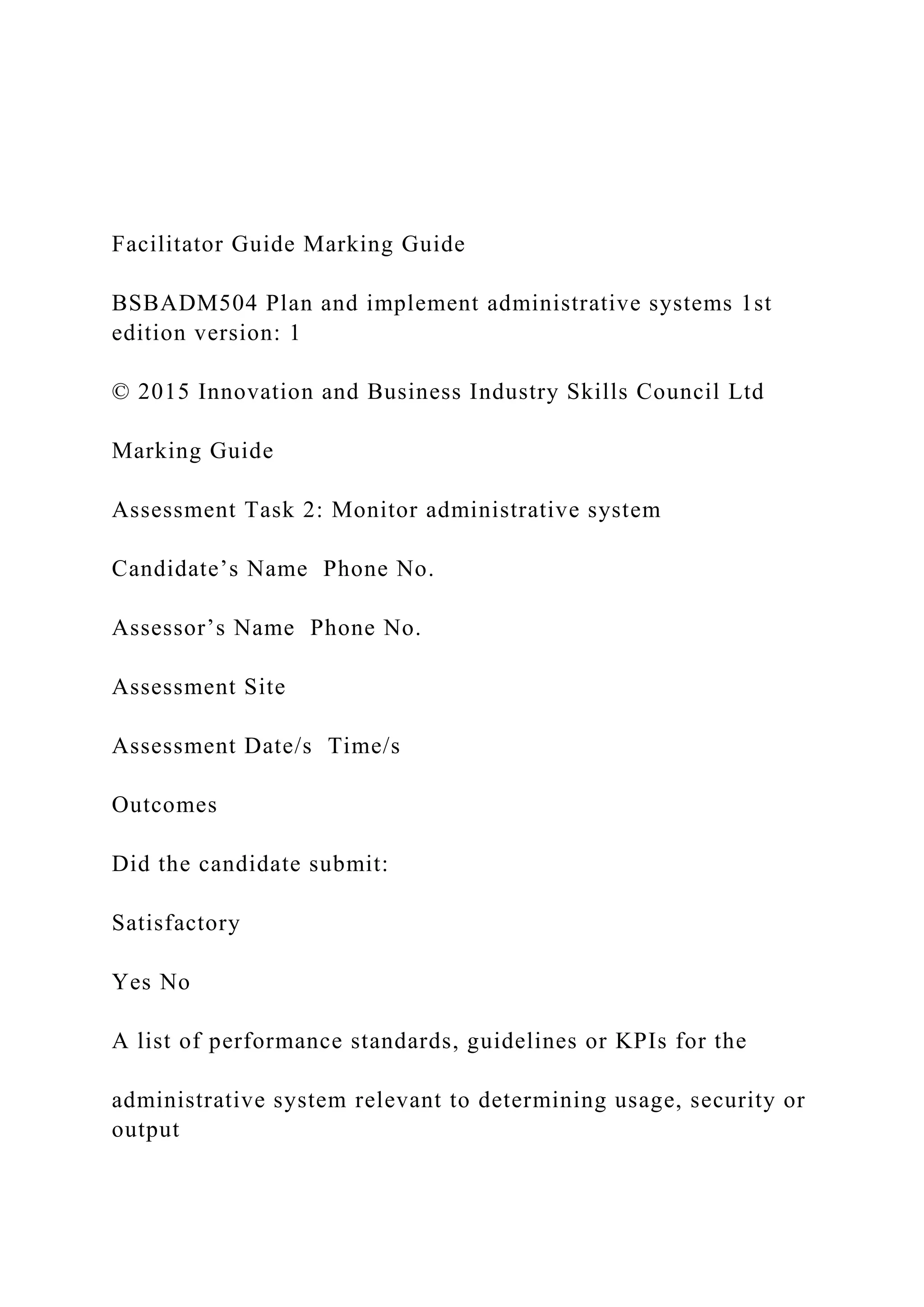 Facilitator Guide Marking Guide BSBADM504 Plan and impleme.docx