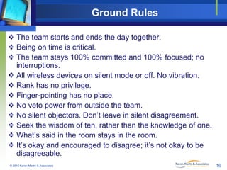 Ground Rules
 The team starts and ends the day together.
 Being on time is critical.
 The team stays 100% committed and...