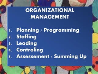 ORGANIZATIONAL
MANAGEMENT
1.
2.
3.
4.
5.

Planning / Programming
Staffing
Leading
Controling
Assessement / Summing Up

 