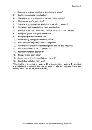 Page 14 of 83
_________________________________________________
ARC Facilitator’s Toolkit - Reach Out Refugee Protection Training Project 2005
1. Has the trainer been identified and booked and briefed?
2. Has the venue/facility been booked?
3. What resources are needed and have they been booked?
4. What support staff are required?
5. What learning materials are required and are they organised?
6. What equipment is needed and has it been booked?
7. Has the training been advertised? Or have participants been notified?
8. Have participants’ managers been notified?
9. Have joining instructions been sent?
10. Have catering arrangements been confirmed?
11. Has a welcome for participants been organised?
12. What methods of evaluation are being used and are they prepared?
13. Has evaluation material been collected?
14. Has the trainer been debriefed?
15. Have payments been made?
16. Have equipment and materials been returned?
17. Have follow-up letters been sent?
This checklist is presented in Handout 2.3 and, in addition, Handout 2.4 provides
a comprehensive checklist that can be used to help any facilitator of a major
training event plan and organise effectively.
 