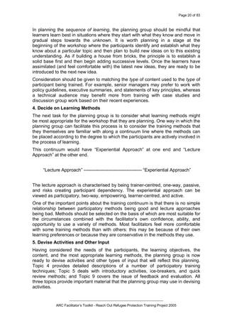 Page 20 of 83
_________________________________________________
ARC Facilitator’s Toolkit - Reach Out Refugee Protection Training Project 2005
In planning the sequence of learning, the planning group should be mindful that
learners learn best in situations where they start with what they know and move in
gradual steps towards the unknown. It is worth planning in a stage at the
beginning of the workshop where the participants identify and establish what they
know about a particular topic and then plan to build new ideas on to this existing
understanding. As if building a house from bricks, the principle is to establish a
solid base first and then begin adding successive levels. Once the learners have
assimilated (and feel comfortable with) the latest new ideas, they are ready to be
introduced to the next new idea.
Consideration should be given to matching the type of content used to the type of
participant being trained. For example, senior managers may prefer to work with
policy guidelines, executive summaries, and statements of key principles, whereas
a technical audience may benefit more from training with case studies and
discussion group work based on their recent experiences.
4. Decide on Learning Methods
The next task for the planning group is to consider what learning methods might
be most appropriate for the workshop that they are planning. One way in which the
planning group can facilitate this process is to consider the training methods that
they themselves are familiar with along a continuum line where the methods can
be placed according to the degree to which the participants are actively involved in
the process of learning.
This continuum would have “Experiential Approach” at one end and “Lecture
Approach” at the other end.
“Lecture Approach” -------------------------------------- “Experiential Approach”
The lecture approach is characterised by being trainer-centred, one-way, passive,
and risks creating participant dependency. The experiential approach can be
viewed as participatory, two-way, empowering, learner-centred, and active.
One of the important points about the training continuum is that there is no simple
relationship between participatory methods being good and lecture approaches
being bad. Methods should be selected on the basis of which are most suitable for
the circumstances combined with the facilitator’s own confidence, ability, and
opportunity to use a variety of methods. Most facilitators feel more comfortable
with some training methods than with others: this may be because of their own
learning preferences or because they are conservative in the methods they use.
5. Devise Activities and Other Input
Having considered the needs of the participants, the learning objectives, the
content, and the most appropriate learning methods, the planning group is now
ready to devise activities and other types of input that will reflect this planning.
Topic 4 provides detailed descriptions of a number of participatory training
techniques; Topic 5 deals with introductory activities, ice-breakers, and quick
review methods; and Topic 9 covers the issue of feedback and evaluation. All
three topics provide important material that the planning group may use in devising
activities.
 