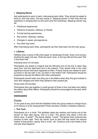 Page 50 of 83
_________________________________________________
ARC Facilitator’s Toolkit - Reach Out Refugee Protection Training Project 2005
· Stepping Stones
Ask participants to work in pairs, interviewing each other. They should be asked to
think of, and note down, five key events or “stepping stones” in their lives that are
significant in bringing them to this point (and the workshop). Stepping stones may
be:
· Childhood experiences;
· Influence of parents, relatives, or friends;
· Formal training experiences;
· Key events, meetings, reading;
· Changes in career, job experience;
· Any other key event.
After interviewing each other, participants can then feed back into the main group.
· Lifelines
Halfway down a piece of flip-chart paper (in landscape format), draw a line across,
dividing the paper into two. Write the word ”work: in the top half and the word ”life”
in the lower half.
Individual work (15 minutes):
Participants are asked to imagine that the left-hand end of the line is when they
were born and the right-hand end is the present. They should write in the most
significant events that have happened to them. If these events are related to work,
put them in the top half; if not, put them in the bottom half. Participants should be
prepared to discuss the lifeline with other participants.
Participants should make sure they put in the lifeline when they first got involved in
work with refugees and when they started in their present job.
Group work (30 minutes):
Participants then get together in small groups of three to four and take turns telling
the others about their lifeline. Participants should be encouraged to ask each other
questions.
ENERGISERS
Purpose
To be used at any point that the facilitator thinks the group needs to change focus
or to refocus or to be reacquainted if there has been a break in between sessions.
· Tick Tock
Participants sit in a circle. The facilitator takes two markers and hands one to the
person on their right saying, “this is a tock”. The person who takes it from the
trainer says, ”A what?”. The trainer replies, ”a tock”. The person then continues the
process to their right. Then the trainer turns to their left and hands the second
marker to that person, saying “this is a tick”, etc. Continue until a tick meets a tock
and see what happens!
 