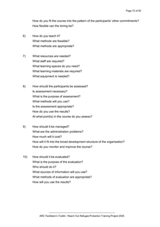 Page 72 of 83
_________________________________________________
ARC Facilitator’s Toolkit - Reach Out Refugee Protection Training Project 2005
How do you fit the course into the pattern of the participants’ other commitments?
How flexible can the timing be?
6) How do you teach it?
What methods are feasible?
What methods are appropriate?
7) What resources are needed?
What staff are required?
What learning spaces do you need?
What learning materials are required?
What equipment is needed?
8) How should the participants be assessed?
Is assessment necessary?
What is the purpose of assessment?
What methods will you use?
Is the assessment appropriate?
How do you use the results?
At what point(s) in the course do you assess?
9) How should it be managed?
What are the administration problems?
How much will it cost?
How will it fit into the broad development structure of the organisation?
How do you monitor and improve the course?
10) How should it be evaluated?
What is the purpose of the evaluation?
Who should do it?
What sources of information will you use?
What methods of evaluation are appropriate?
How will you use the results?
 