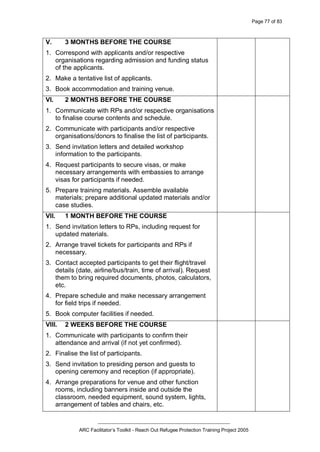 Page 77 of 83
_________________________________________________
ARC Facilitator’s Toolkit - Reach Out Refugee Protection Training Project 2005
V. 3 MONTHS BEFORE THE COURSE
1. Correspond with applicants and/or respective
organisations regarding admission and funding status
of the applicants.
2. Make a tentative list of applicants.
3. Book accommodation and training venue.
VI. 2 MONTHS BEFORE THE COURSE
1. Communicate with RPs and/or respective organisations
to finalise course contents and schedule.
2. Communicate with participants and/or respective
organisations/donors to finalise the list of participants.
3. Send invitation letters and detailed workshop
information to the participants.
4. Request participants to secure visas, or make
necessary arrangements with embassies to arrange
visas for participants if needed.
5. Prepare training materials. Assemble available
materials; prepare additional updated materials and/or
case studies.
VII. 1 MONTH BEFORE THE COURSE
1. Send invitation letters to RPs, including request for
updated materials.
2. Arrange travel tickets for participants and RPs if
necessary.
3. Contact accepted participants to get their flight/travel
details (date, airline/bus/train, time of arrival). Request
them to bring required documents, photos, calculators,
etc.
4. Prepare schedule and make necessary arrangement
for field trips if needed.
5. Book computer facilities if needed.
VIII. 2 WEEKS BEFORE THE COURSE
1. Communicate with participants to confirm their
attendance and arrival (if not yet confirmed).
2. Finalise the list of participants.
3. Send invitation to presiding person and guests to
opening ceremony and reception (if appropriate).
4. Arrange preparations for venue and other function
rooms, including banners inside and outside the
classroom, needed equipment, sound system, lights,
arrangement of tables and chairs, etc.
 