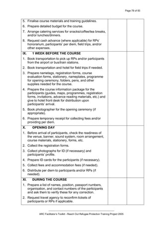Page 78 of 83
_________________________________________________
ARC Facilitator’s Toolkit - Reach Out Refugee Protection Training Project 2005
5. Finalise course materials and training guidelines.
6. Prepare detailed budget for the course.
7. Arrange catering services for snacks/coffee/tea breaks,
and/or lunches/dinners.
8. Request cash advance (where applicable) for RPs’
honorarium, participants’ per diem, field trips, and/or
other expenses.
IX. 1 WEEK BEFORE THE COURSE
1. Book transportation to pick up RPs and/or participants
from the airport or bus/train stations.
2. Book transportation and hotel for field trips if needed.
3. Prepare nametags, registration forms, course
evaluation forms, stationery, nameplates, programme
for opening ceremony, folders, pens, and other
supplies needed for the course.
4. Prepare the course information package for the
participants (guides, maps, programmes, registration
forms, invitations, advance reading materials, etc.) and
give to hotel front desk for distribution upon
participants’ arrival.
5. Book photographer for the opening ceremony (if
appropriate).
6. Prepare temporary receipt for collecting fees and/or
providing per diem.
X. OPENING DAY
1. Before arrival of participants, check the readiness of
the venue, banner, sound system, room arrangement,
course materials, stationery, forms, etc.
2. Collect the registration forms.
3. Collect photographs for ID (if necessary) and
participants’ profile.
4. Prepare ID cards for the participants (if necessary).
5. Collect fees and accommodation fees (if needed).
6. Distribute per diem to participants and/or RPs (if
needed).
XI. DURING THE COURSE
1. Prepare a list of names, position, passport numbers,
organisation, and contact numbers of the participants
and ask them to verify these for any correction.
2. Request travel agency to reconfirm tickets of
participants or RPs if applicable.
 