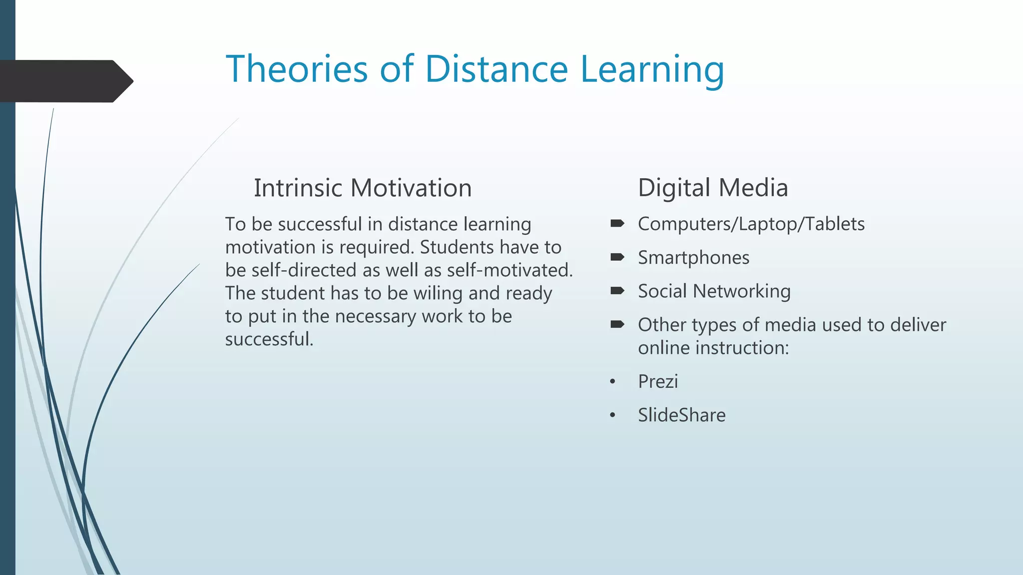 Theories of Distance Learning
Intrinsic Motivation
To be successful in distance learning
motivation is required. Students have to
be self-directed as well as self-motivated.
The student has to be wiling and ready
to put in the necessary work to be
successful.
Digital Media
 Computers/Laptop/Tablets
 Smartphones
 Social Networking
 Other types of media used to deliver
online instruction:
• Prezi
• SlideShare
 