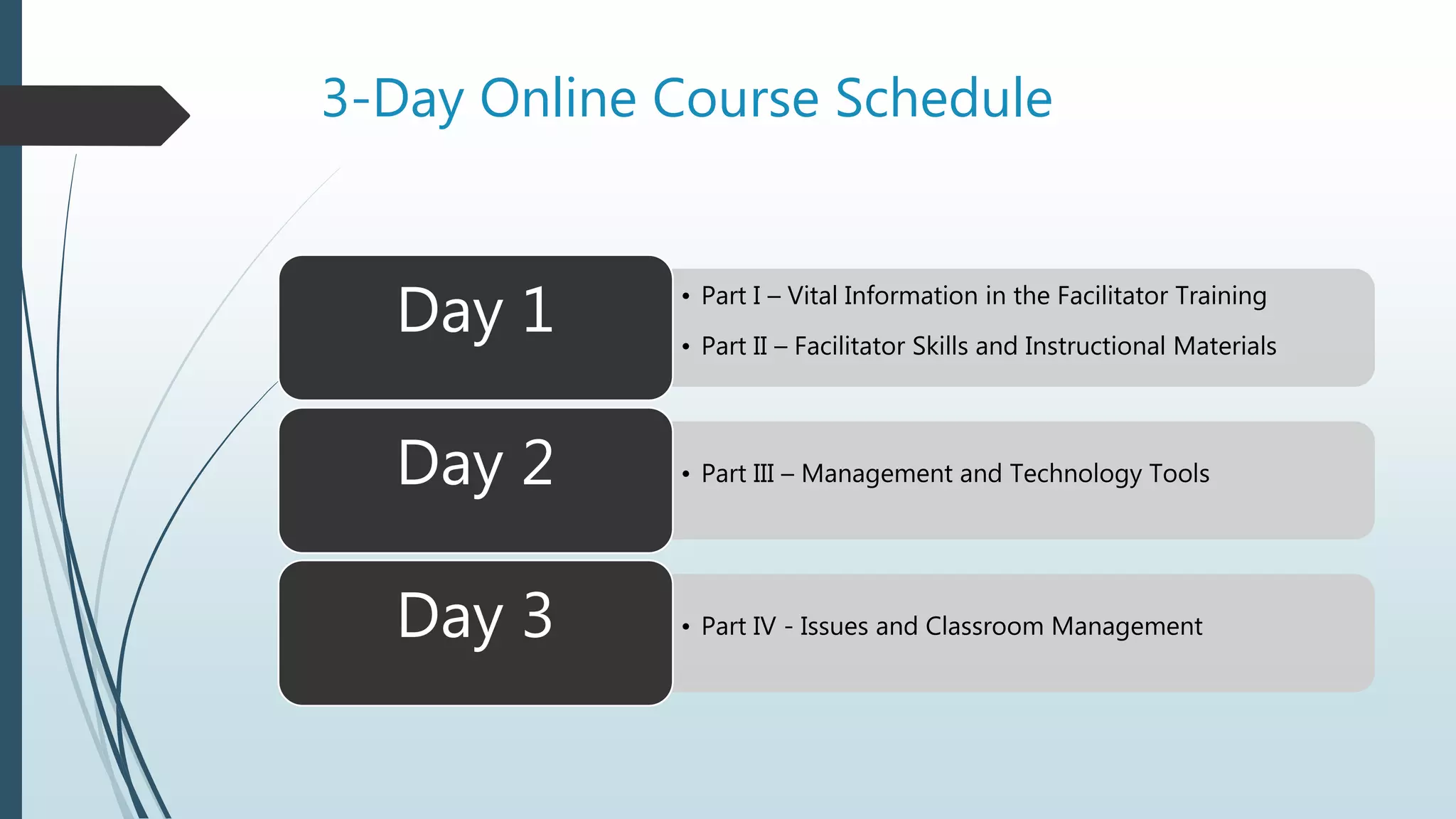 3-Day Online Course Schedule
• Part I – Vital Information in the Facilitator Training
• Part II – Facilitator Skills and Instructional Materials
Day 1
• Part III – Management and Technology ToolsDay 2
• Part IV - Issues and Classroom ManagementDay 3
 