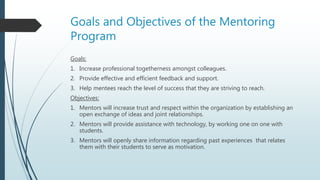 Goals and Objectives of the Mentoring
Program
Goals:
1. Increase professional togetherness amongst colleagues.
2. Provide effective and efficient feedback and support.
3. Help mentees reach the level of success that they are striving to reach.
Objectives:
1. Mentors will increase trust and respect within the organization by establishing an
open exchange of ideas and joint relationships.
2. Mentors will provide assistance with technology, by working one on one with
students.
3. Mentors will openly share information regarding past experiences that relates
them with their students to serve as motivation.
 