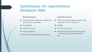 Synchronous –Vs- Asynchronous
Facilitation Skills
Synchronous
 Communication between student and
instructor is in real time.
 Not flexible
 Instructor is Live.
 Instant feedback
 Direct interaction between students
Asynchronous
 Communication between student and
instructor is not in real time
 Flexible
 No “live” instructor
 All learners participate in discussions
– no fear of being embarrassed or
shy.
 