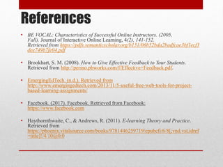 References
• BE VOCAL: Characteristics of Successful Online Instructors. (2005,
Fall). Journal of Interactive Online Learning, 4(2), 141-152.
Retrieved from https://pdfs.semanticscholar.org/b151/06b52bda2badfcae3bf1ecf3
dee749b7fe04.pdf
• Brookhart, S. M. (2008). How to Give Effective Feedback to Your Students.
Retrieved from http://perino.pbworks.com/f/Effective+Feedback.pdf.
• EmergingEdTech. (n.d.). Retrieved from
http://www.emergingedtech.com/2013/11/5-useful-free-web-tools-for-project-
based-learning-assignments/
• Facebook. (2017). Facebook. Retrieved from Facebook:
https://www.facebook.com
• Haythornthwaite, C., & Andrews, R. (2011). E-learning Theory and Practice.
Retrieved from
https://phoenix.vitalsource.com/books/9781446259719/epubcfi/6/8[;vnd.vst.idref
=title]!/4/10@0:0
 