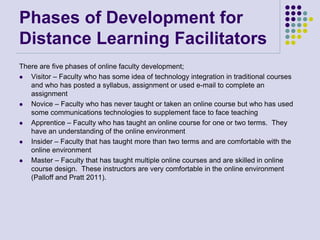 Phases of Development for
Distance Learning Facilitators
There are five phases of online faculty development;
 Visitor – Faculty who has some idea of technology integration in traditional courses
and who has posted a syllabus, assignment or used e-mail to complete an
assignment
 Novice – Faculty who has never taught or taken an online course but who has used
some communications technologies to supplement face to face teaching
 Apprentice – Faculty who has taught an online course for one or two terms. They
have an understanding of the online environment
 Insider – Faculty that has taught more than two terms and are comfortable with the
online environment
 Master – Faculty that has taught multiple online courses and are skilled in online
course design. These instructors are very comfortable in the online environment
(Palloff and Pratt 2011).
 