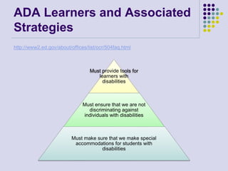 ADA Learners and Associated
Strategies
http://www2.ed.gov/about/offices/list/ocr/504faq.html
Must provide tools for
learners with
disabilities
Must ensure that we are not
discriminating against
individuals with disabilities
Must make sure that we make special
accommodations for students with
disabilities
 