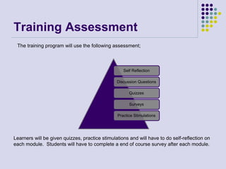 Training Assessment
The training program will use the following assessment;
Self Reflection
Discussion Questions
Quizzes
Surveys
Practice Stimulations
Learners will be given quizzes, practice stimulations and will have to do self-reflection on
each module. Students will have to complete a end of course survey after each module.
 