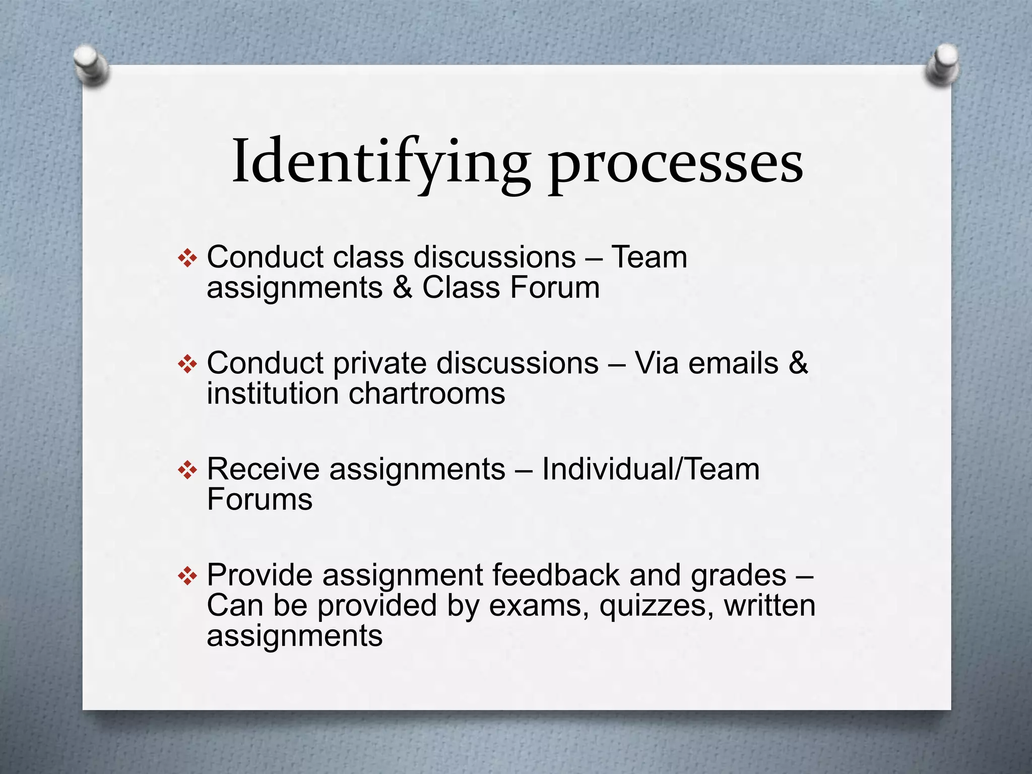 Identifying processes
 Conduct class discussions – Team
assignments & Class Forum
 Conduct private discussions – Via emails &
institution chartrooms
 Receive assignments – Individual/Team
Forums
 Provide assignment feedback and grades –
Can be provided by exams, quizzes, written
assignments
 