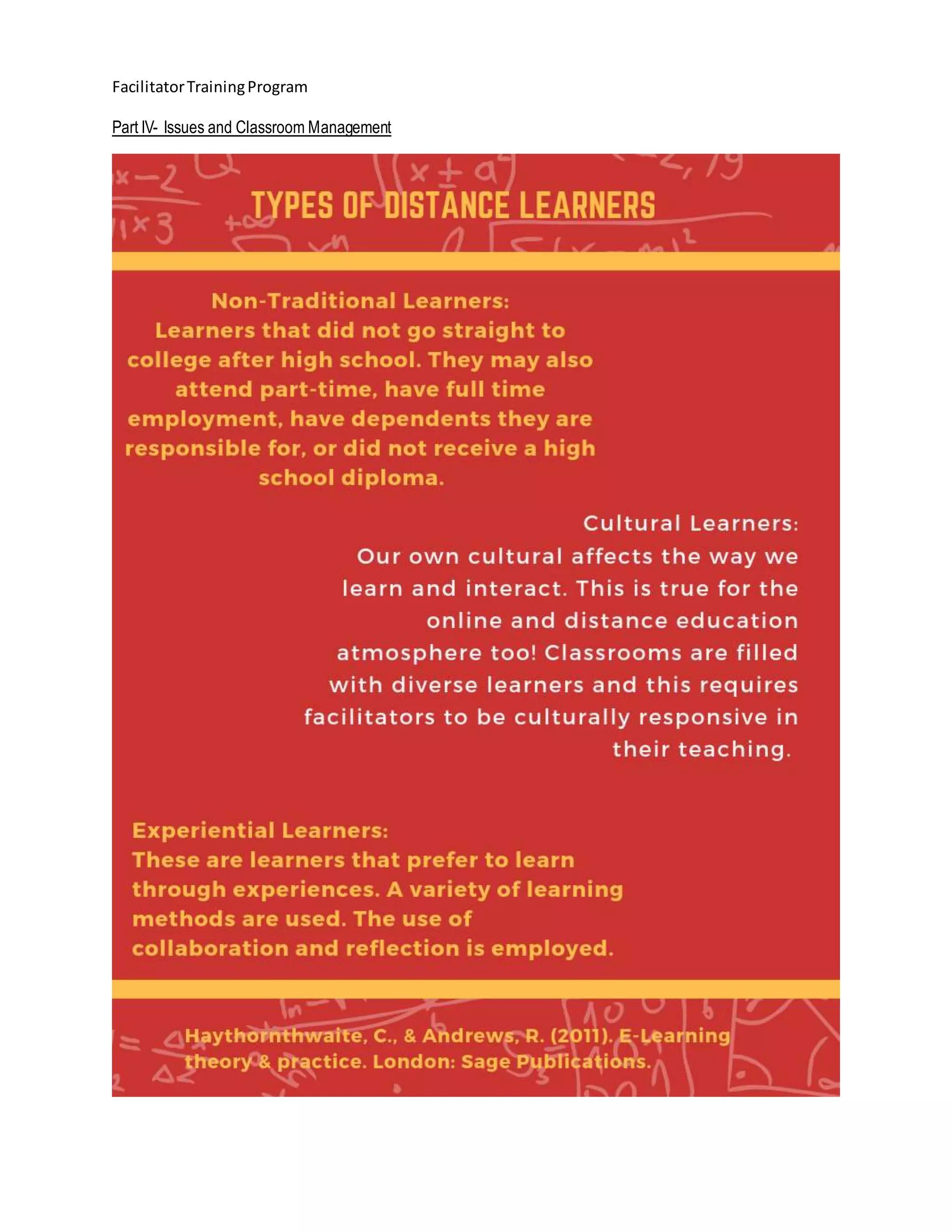 FacilitatorTrainingProgram
Part IV- Issues and Classroom Management
 