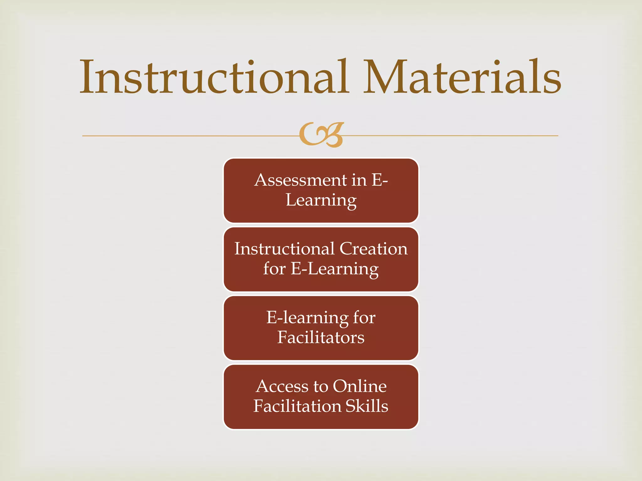 
Assessment in E-
Learning
Instructional Creation
for E-Learning
E-learning for
Facilitators
Access to Online
Facilitation Skills
Instructional Materials
 
