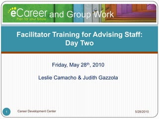 Friday, May 28th, 2010 Leslie Camacho & Judith Gazzola 5/28/2010 Career Development Center 1 Facilitator Training for Advising Staff: Day Two and Group Work  
