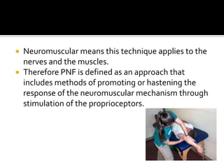  Neuromuscular means this technique applies to the
  nerves and the muscles.
 Therefore PNF is defined as an approach that
  includes methods of promoting or hastening the
  response of the neuromuscular mechanism through
  stimulation of the proprioceptors.
 