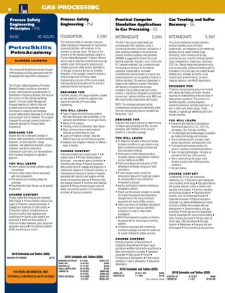 This full 5-day course covers sweet gas
processing and NGL extraction, using a
commercial simulator to perform calculations. A
basic working knowledge of the commercial
process simulation package used (generally
UNISIM) is suggested to achieve the course
learning objectives. Volumes 1 and 2 of the John
M. Campbell textbooks, Gas Conditioning and
Processing, are the basis for the material
presented, coupled with a ‘red thread’
comprehensive exercise based on a typical gas
processing facility (can be applied to onshore or
offshore facilities). The exercise is developed in
stages as the material is covered. Participants
will develop a comprehensive process
simulation that includes a dew point control
process, a mechanical refrigeration process with
economizers, hydrate inhibition using MEG, and
NGL liquid product stabilization with recycle.
NOTE: The individual exercises include
condensed gas processing fundamentals drawn
from the internationally famous Campbell Gas
Books Vols. 1  2.
DESIGNED FOR
Engineers that require practical in-depth training
on natural gas processing and NGL recovery
processes, with emphasis on the use and
benefits of a simulation package.
YOU WILL LEARN
•	To determine the water content and hydrate
formation conditions for gas streams using
both a commercial process simulator and
hand calculation methods
•	Techniques to inhibit hydrate formation,
including injection of equilibrium inhibitors
such as methanol and MEG
•	Preliminary design and evaluation of TEG
dehydration processes using quick hand
calculations
•	Process design used to control the
hydrocarbon dew point of sales gas streams
by removing NGLs using mechanical
refrigeration processes
•	Various techniques to optimize mechanical
refrigeration systems
•	How to use the process simulator to evaluate
the impact that pressure and temperature
changes have on the sizing of process
equipment and levels of NGL recovery
•	How to use short-cut distillation calculations
to provide input to rigorous distillation
simulations in order to obtain faster
convergence
•	Which thermodynamic property correlations
are appropriate for various gas processing
systems
•	Limitations associated with commercial
simulation packages and how the results can
be quickly checked for relative accuracy
COURSE CONTENT
Physical properties of hydrocarbons •
Qualitative phase behavior • Vapor-liquid
equilibrium • Water-hydrocarbon equilibrium •
Basic thermodynamic concepts • Separation
equipment • Heat transfer • Pumps •
Compressors • Refrigeration • Fractionation/
distillation • Glycol dehydration • Adsorption
dehydration
Practical Computer
Simulation Applications
in Gas Processing – G5
INTERMEDIATE	5-DAY
2018 Schedule and Tuition (USD)
DUBAI, UAE	 28 OCT-1 NOV 	 $5490
HOUSTON, US	 7-11 MAY 	 $4700
*plus computer charge
This course emphasizes process selection,
practical operating issues, technical
fundamentals, and integration of the sweetening
facilities into the overall scheme of gas
processing. Sulfur recovery and tail gas
processes are also covered, including standard
Claus configurations, SuperClaus, EuroClaus,
SCOT, etc. Special design and operation topics,
such as trace sulfur compound handling and the
importance of H2S:CO2 ratio, are covered as well.
Related topics reviewed during the course
include liquid product treating, corrosion,
materials selection, and NACE requirements.
DESIGNED FOR
Production and processing personnel involved
with natural gas treating and sulfur recovery,
requiring an understanding of the principles of
these process operations. This course is for
facilities engineers, process engineers,
operations personnel, and field supervisors, as
well as others who select, design, install,
evaluate, or operate gas sweetening and sulfur
recovery facilities.
YOU WILL LEARN
•	Evaluation and selection of processes to
remove acid gases (H2S, CO2, COS, CS2,
mercaptans, etc.) from gas and NGLs
•	The advantages and disadvantages of available
gas treating technology and processes
•	How to estimate solvent circulation rates,
energy requirements, and equipment sizes
•	To recognize and evaluate solutions to
common operating and technical problems
•	Sulfur recovery technologies, including an
overview of the Claus Sulfur process
•	How to select among the proper sulfur
recovery process given differing process
conditions
•	Tail gas cleanup
COURSE CONTENT
Fundamentals of sour gas processing,
sweetening, etc. • Overview of gas treating and
sulfur recovery, terminology • Gas specifications
and process selection criteria • Generic and
specialty amine treating • Common operating
and technical problems • Proprietary amine
solvents, such as Sulfinol and Flexsorb •
Carbonate processes • Physical absorption
processes, e.g. Selexol • Metallurgical issues
(corrosion) • Other technologies and new
developments • Selective treating, acid gas
enrichment • Solid bed and non-regenerable
treating; scavengers • Liquid product treating •
Sulfur recovery processes • Tail gas clean-up
(SCOT-type, CBA, and others) • Acid gas
injection • Membranes • Emerging and new
technologies • Course workshop and summary
Gas Treating and Sulfur
Recovery – G6
INTERMEDIATE	5-DAY
2018 Schedule and Tuition (USD)
HOUSTON, US	 15-19 OCT 	 $4460
LONDON, UK	 1-5 OCT 	 $5150+VAT
GAS PROCESSING8
This course provides an overview of process
safety engineering fundamentals for hydrocarbon
processing facilities, with emphasis on the
upstream oil and gas sector. The focus of this
course is on the engineering/design aspects of
Process Safety Management. Frequent reference
will be made to historical incidents and recurring
problem areas. Techniques for analyzing and
mitigating process safety hazards applicable to
oil and gas processing will also be reviewed.
Integration of the concepts covered to achieve a
measured approach to Process Safety
Engineering is a key aim of this course as well.
Exercises and group projects will be utilized to
emphasize the key learning points.
DESIGNED FOR
Facilities, process, and design engineers, as well
as new safety/loss prevention engineers who
require an overview of Process Safety
Engineering.
YOU WILL LEARN
•	Types of equipment and process systems
that have historically been problematic in the
Upstream and Midstream oil and gas industry
•	Basics of risk analysis
•	Thinking in terms of Inherently Safer Design
•	Most common process hazard analysis
methods and where they are used
•	Layers of Protection concept - what the
different layers are and how they are applied
•	Detection and mitigation methods for different
types of hazards
COURSE CONTENT
Historical incidents and problem areas • Risk
analysis basics • Process hazards analysis
techniques - overview • Layers of protection •
Inherently safer design • Hazards associated
with process fluids • Leakage and dispersion of
hydrocarbon releases • Combustion behavior of
hydrocarbons • Sources of ignition • Hazards
associated with specific plant systems • Plant
layout and equipment spacing • Pressure relief
and disposal systems • Corrosion and materials
selection • Process monitoring and control •
Safety instrumented systems • Fire protection
principles • Explosion protection
Process Safety
Engineering – PS4
FOUNDATION	5-DAY
2018 Schedule and Tuition (USD)
BRISBANE,AUSTRALIA	 6-10 AUG	 $6350+GST
DUBAI, UAE	 16-20 DEC	 $5490
HOUSTON, US	 10-14 SEP	 $4350
KUALA LUMPUR, MYS	 26-30 MAR	 $5780
LONDON, UK	 16-20 APR	 $5060+VAT
	 10-14 DEC	 $5060+VAT
PERTH,AUSTRALIA	 19-23 MAR	 $6350+GST
8-12 OCT $6350+GST
BLENDED LEARNING
Process Safety
Engineering
Principles – PSE
BASIC	 40 HOURS
PetroAcademy
TM
This course will be delivered virtually through
PetroAcademy providing participants with the
knowledge they need at their convenience.
This Process Safety Engineering Principles
Blended Program provides an overview of
process safety engineering fundamentals for
hydrocarbon processing facilities. The focus of
this course is on the engineering/design
aspects of Process Safety Management.
Frequent reference is made to historical
incidents and recurring problem areas.
Techniques for analyzing and mitigating
process safety hazards applicable to oil and gas
processing will also be reviewed. This program
integrates the concepts covered to achieve a
measured approach to Process Safety
Engineering.
DESIGNED FOR
Anyone who has to deal with concepts of
process safety engineering, including facilities
engineers, process engineers, design
engineers, new safety/loss engineers, project
engineers, operations supervisors,
maintenance supervisors, and representatives
from insurance companies or regulatory
agencies.
YOU WILL LEARN
•	How to analyze and assess different types of
risk analyses
•	How to utilize models that are associated
with risk management
•	The importance of building safety into
processes
•	How Inherently Safer Design can be applied
•	and more...
COURSE CONTENT
Process Safety Risk Analysis and Inherently
Safer Design • Process Hazards Analysis and
Layers of Protection analysis techniques •
Leakage and dispersion of hydrocarbons •
Combustion behavior of hydrocarbons •
Sources of ignition and hazardous area
classification • Specific plant systems and
equipment • Relief and flare systems •
Historical incident databases, plant layout and
equipment spacing • Fire protection systems
• SIS, monitoring and control
FOR MORE INFORMATION,VISIT
PETROSKILLS.COM/PROCESS-SAFETY-BLENDED
2018 Schedule and Tuition (USD)
AVAILABLE ON-DEMAND 	 $4130
 