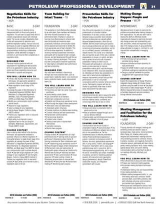 Any course is available inhouse at your location. Contact us today. +1.918.828.2500 | petroskills.com | +1.800.821.5933 (toll free North America)
This course helps you to develop strong
interpersonal skills in the art and science of
negotiation. You will learn to apply these skills to
complex organizational issues and individual
needs. The course includes a Negotiating Style
Profile self-assessment to determine your
preferred negotiation style(s). Various tools and
techniques are used to negotiate differences and
disagreements to produce positive results. A
group workshop conducting a collaborative
negotiation, allows attendees to engage in,
comment on, and improve their competencies in
negotiation skills.
DESIGNED FOR
Petroleum industry personnel who are
responsible for negotiating the best possible
terms of an agreement in public and private
sectors and those negotiating resources and
deliverables in projects and programs.
YOU WILL LEARN HOW TO
•	Follow a step-by-step method to the structure,
techniques, and approaches available to
positively influence an effective negotiation
•	Adapt negotiation at each stage of the
negotiation
•	Leverage the power of Best Alternative To
a Negotiated Agreement (BATNA), Worst
Alternative To a Negotiated Agreement
(WATNA), Zone of Possible Agreement
(ZOPA), and Walk Away Price (WAP)
•	Modify your communication style to achieve
desired results
•	Respond to tough negotiators
•	Select a strategy for your negotiation
•	Use the Agree, Bargain, Control or Delay
(ABCD) method
•	Practice your negotiation skills in real world
practice sessions
•	Apply what you’ve learned to plan a
negotiation back on the job using the
Strengths, Weaknesses, Opportunities, and
Threats (SWOT) model
COURSE CONTENT
Learn a step-by-step method to the structure,
techniques, and approaches available to
positively influence an effective negotiation •
Know what behavior to adapt at each stage of the
negotiation • Leverage the power of Best
Alternative To a Negotiated Agreement (BATNA),
Worst Alternative To a Negotiated Agreement
(WATNA), and Walk Away Price (WAP) • Adjust
your communication style to achieve desired
results • Deal with tough negotiators • Craft a
strategy for your negotiation • Use the Agree,
Bargain, Control or Delay (ABCD) method •
Practice your negotiation skills in real world
activities • Apply what you’ve learned to plan a
negotiation back on the job
Negotiation Skills for
the Petroleum Industry
– NSPI
BASIC	3-DAY
2018 Schedule and Tuition (USD)
HOUSTON, US	 13-15 AUG 	 $3105
This workshop is most effective when attended
by an entire team. Team members will develop
and refine the skills essential for high
performance teams. Emphasis is placed on
learning more effective ways to enhance total
team functionality and maximum team
productivity. Individual communication styles
will be assessed and examined to identify the
most appropriate uses of team strengths. This
will be an active experience. In addition to
receiving individual assessment information,
participants will be exposed to team concepts,
theories, and skill development through the use
of a variety of learning techniques. This course
has been constructed to maximize opportunity
for intact teams to strengthen team performance
and team productivity.
DESIGNED FOR
Any intact team interested in becoming a
stronger and more productive team, such as
project teams, leadership teams, cross-functional
teams, production teams, quality improvement
teams, etc.
YOU WILL LEARN HOW TO
•	Characterize high performance teams
•	Ensure that your team has clarity of goal and
worthiness
•	Jointly develop a team charter
•	Gain commitment of all members
•	Build team collaboration and trust
•	Establish and follow group operational norms
•	Work through the stages of team development
•	Define team roles and relationships
•	Understand system influences
•	Promote conditions for effective team building
•	Conduct individual and team assessments
•	Improve team communications
•	Improve group dynamics
•	Problem solve in teams
•	Develop a team plan to improve team
effectiveness
•	Lead when necessary
•	Monitor team progress
COURSE CONTENT
Purpose of teams • Characteristics of a high
performance team • Gaining clarity of goal and
worthiness • Developing a team charter •
Gaining commitment • Team collaboration and
trust • Establishing group operational norms •
Working through the stages of team development
• Effective team roles and relationships •
Dealing with system influences • Conditions for
effective team building • Individual and team
assessments • Team communications • Group
dynamics • Problem solving in teams •
Developing personal plans to improve team
effectiveness • Taking the lead • Effective team
meetings • Monitoring team progress
Team Building for
Intact Teams – TB
FOUNDATION	2-DAY
2018 Schedule and Tuition (USD)
HOUSTON, US	 21-22 MAY 	 $2525
PETROLEUM PROFESSIONAL DEVELOPMENT 31
One of the prime requisites for oil and gas
professionals is to be able to deliver
presentations in as clear, concise, and well-
designed a way as possible. Some industry
technical professionals are naturally gifted
designer/speaker/presenters, others are not.
However, with the proper training and practice
any oil and gas professional can learn to make a
convincing and persuasive presentation, and do
so in a confident, assured, comfortable, and
relaxed manner. This course is for individuals
who are required, as part of their jobs, to deliver
presentations in-house or in public, and who
wish to perfect the art and craft of dynamic
presentation-making in order to do so.
Participants will participate in a full array of
hands-on class exercises to improve
presentation-making skills, vocal techniques,
social interaction skills, visual aid preparation,
etc. Attendees will deliver two presentations in
class, both of which will be videotaped to
measure improvement, and will discuss their
performances in one-on-one private
conversations with the instructor at the end of the
course. Participants’ progress will also be
charted to quantifiably show areas in which
actual improvement has taken place.
DESIGNED FOR
Industry personnel who wish to acquire the skills
and techniques needed to design and deliver
technical material clearly, confidently, and
convincingly either face-to face or online.
YOU WILL LEARN HOW TO
•	Design and deliver a presentation both in
person and on-line
•	Keep an audience engaged through use of
various delivery methods
•	Appropriately use technology and visual aids
•	Speak confidently in front of groups
COURSE CONTENT
Communication and the role it plays in
presentation-making • Overcoming fears • The
similarities and differences between face-to-face
and on-line presentations • The four
fundamental basics to effective presentation-
making Presence/demeanor/appearance:
posture, movement, and physical comfort •
Delivery: the voice, gestures/facial expressions,
skill in using silence, rhythm, and language •
Production: flow/rhythm, skill in using visual
aids/technology, skill in using time, skill in
listening/observing/questioning, skill in using
the venue, connectivity, eye contact, knowledge
of audience, and skill in handling audience/
situation • Construction and organization:
design (presentation), design (PowerPoint
slides/other visuals), and integration
(presentation with visuals)
Presentation Skills for
the Petroleum Industry
– PSPI
FOUNDATION	3-DAY
2018 Schedule and Tuition (USD)
HOUSTON, US	 23-25 JUL 	 $3165
Attendees will work in teams to overcome the
problems encountered when making changes in
their organizations. You will also learn how to
develop the ability to effectively handle
organizational changes by examining the eight-
step change process and understanding your
own, and others, needs and responses to each
step in the change process. A group workshop
allows attendees to engage in, comment on, and
improve their competencies in managing
change.
YOU WILL LEARN HOW TO
•	Profile individual and group behavior
exhibited during change
•	Improve individual and team dynamics for
high performance
•	Apply the GROW model to coach and sustain
individuals undergoing organizational change
•	Design a practical framework for positive
engagement with organizational change
COURSE CONTENT
Explore the characteristics of change • Build an
integrated change strategy • Embrace change
positively using the power of vision • Use people
and process to make change happen • Craft an
effective measurement process to evaluate change
• Facilitate change and overcome resistance
through effective communication
Making Change
Happen: People and
Process – MCPP
INTERMEDIATE	2-DAY
2018 Schedule and Tuition (USD)
HOUSTON, US	 16-17 AUG 2018	 $2565
Properly planned and managed, meetings are
extremely positive and dynamic ways to
exchange ideas, shape policy, resolve problems,
effect change, etc. However, when poorly
designed and implemented, meetings become
virtual breeding grounds for confusion, tension,
frustration, boredom, and negativity. During this
interactive session, participants will learn how to
perfect meeting facilitation skills; master meeting
agenda design skills; and polish meeting
communication skills so that they’ll be able to
run meetings efficiently, effectively, and
smoothly.
YOU WILL LEARN HOW TO
•	Run efficient face-to-face and online meetings
•	Prepare and implement meeting agendas
•	Incorporate meeting facilitation techniques
and tools
•	Understand meeting roles and responsibilities
•	Use meeting facilitation tools
•	Master meeting management skills, i.e., use
time wisely, avoid topic confusion, handle
personal attack, avoid traffic problems, deal
with individual and group communication,
and maintain topic (agenda) focus
•	Recognize and understand the various roles
that a facilitator plays during the course of a
meeting
Meeting Management
and Facilitation for the
Petroleum Industry
– MMF
FOUNDATION	2-DAY
2018 Schedule and Tuition (USD)
HOUSTON, US	 26-27 JUL 	 $2525
 