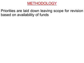 Priorities are laid down leaving scope for revision
based on availability of funds
METHODOLOGY
 